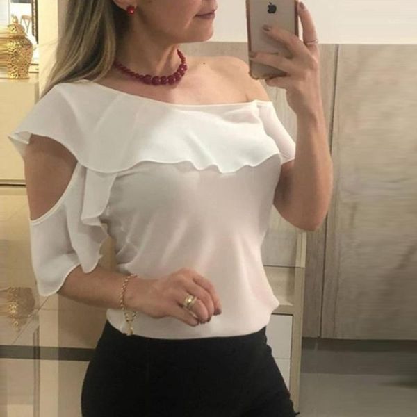 

2019 summer women blouses ruffle short sleeve women chiffon elegant office ladies shirts1, White