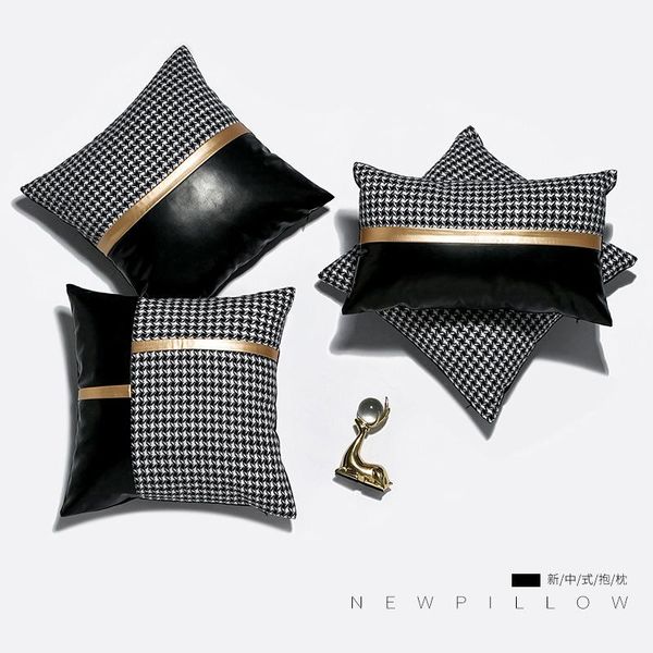 

cushion/decorative pillow houndstooth pu stitching cushion cover 30*50 45x45cm velvet lumbar case for living room sofa car personality decor
