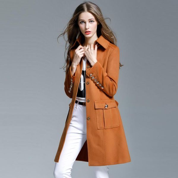 

women's wool & blends 2021 medium-long cashmere women overcoat french front fashion elegant turn-down collar woolen outerwear, Black