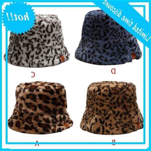 

women vintage luipaard thicken fuzzy pluche emmer hat faux leather label patchwork winter warm packable panama fish cap