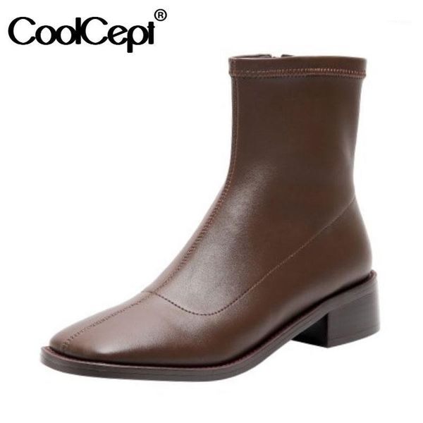 

boots coolcept 2021 women square toe ankle stretch fabric zipper thick heel solid color ladies footwear female size 33-401, Black