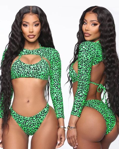 

leopard print push up swimwear female 3-pieces leopard dot long sleeve green bikini swimsuit for women bather beach wear1, White;black