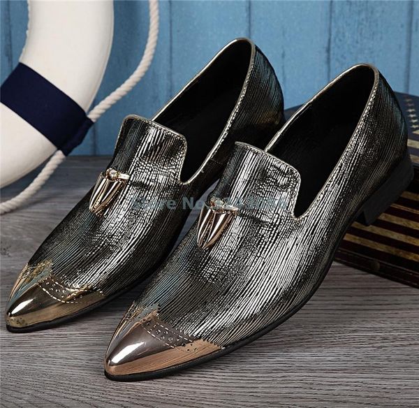 

metal pointed toe slip on men shoes silver metallic colors oxfords fashion gentleman business men shoes banquet party, Black
