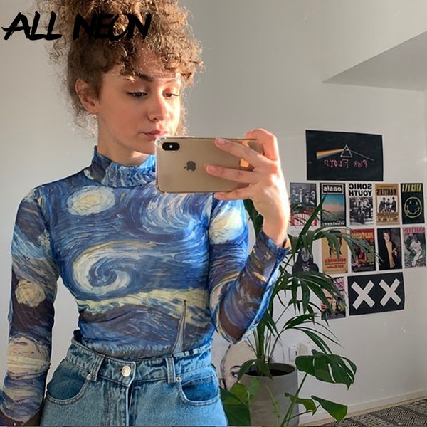 

allneon e-girl sweet printing transparents mesh y2k 90s stand collar long sleeve t-shirts vintage streetwear autumn party, White