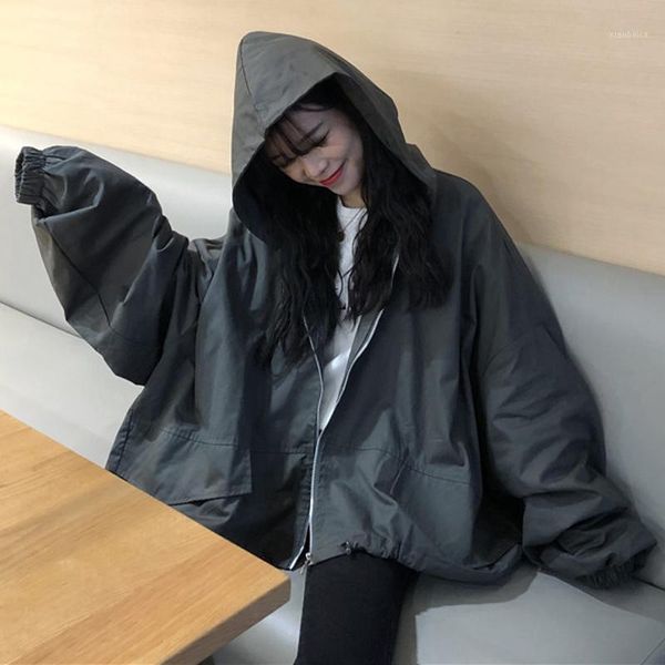 

chaquetas mujer 2019 spring womens new korean harajuku style vintage solid pockets loose long sleeve hooded jacket veste femme1, Black;brown