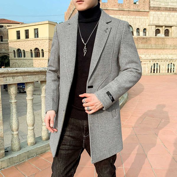 

mid long embroidered solid color slim windbreaker fashion men's coat, Tan;black