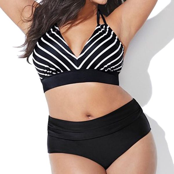

plus size striped bandage separates bikinis women high waist bathing suit swimming suit swimming wear two piece set1, White