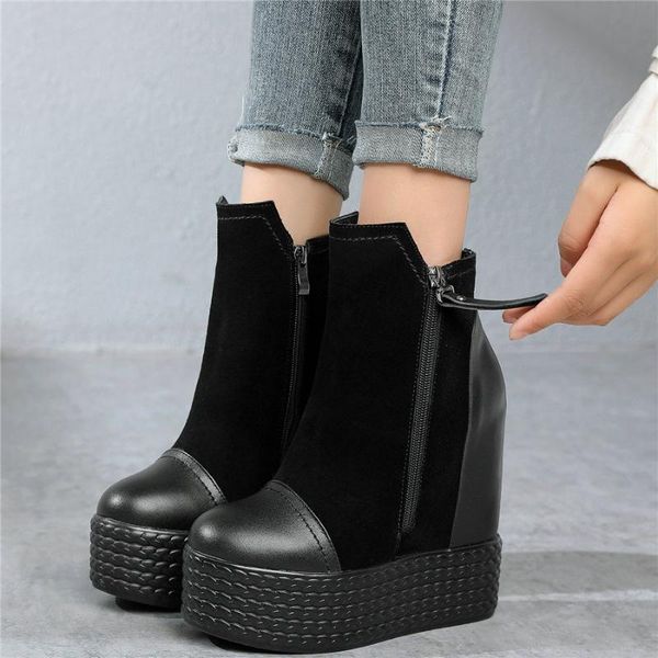 

round toe platform oxfords shoes women genuine leather wedges high heel ankle boots female chunky platform pumps casual shoes, Black