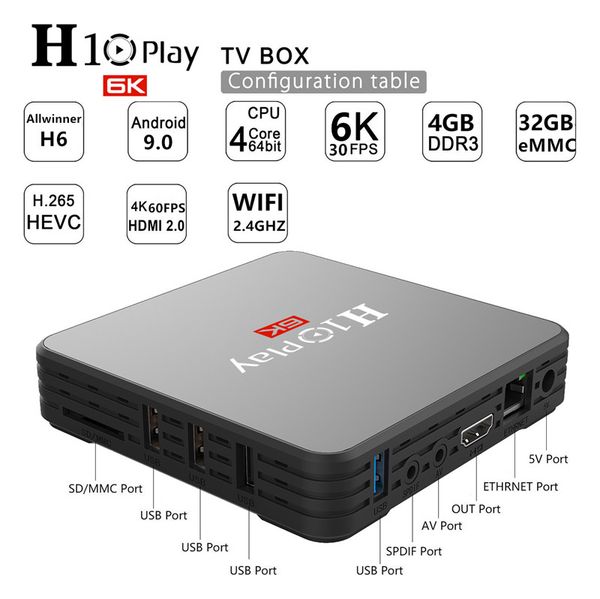 

h10 play android 9.0 smart tv box 4gb 64gb 32gb allwinner h6 quad core 6k h.265 2.4ghz wifi android box