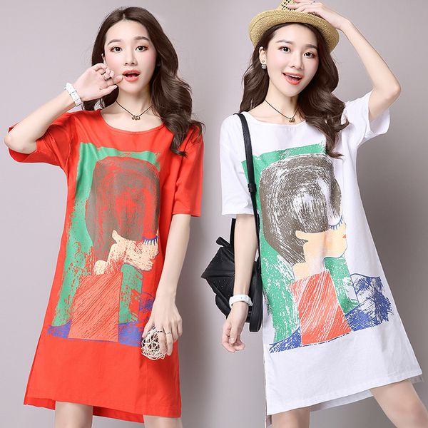 

big size women t-shirt summer linen character print short sleeve long tshirt dresses tee fashion plus size female clothing, White