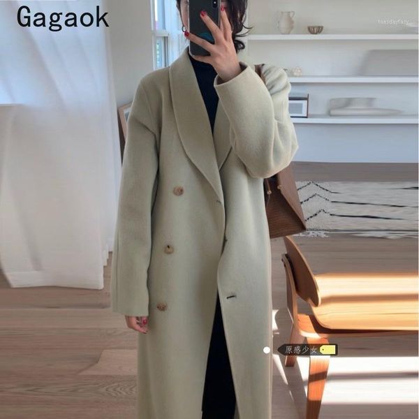 

women's wool & blends gagaok winter korean long women 2021 solid turn-down collar button full loose casual chci warm wild coats k41101, Black