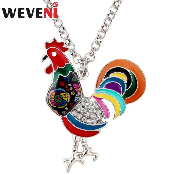 

pendant necklaces weveni alloy enamel rhinestone chicken rooster necklace choker collar fashion jewelry for women girl farm animal charms, Silver