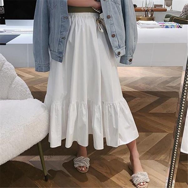 

11 solid color women new fashion long skirts female casual elastic waist ruffles cotton a line skirts plus size 6xl 7xl, Black