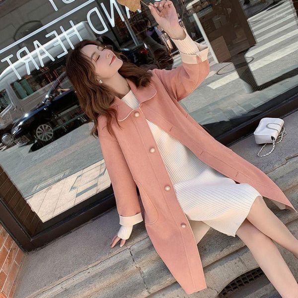 

mid-length lapel student windbreaker women autumn new style over knee solid color new coat temperament trench1, Tan;black