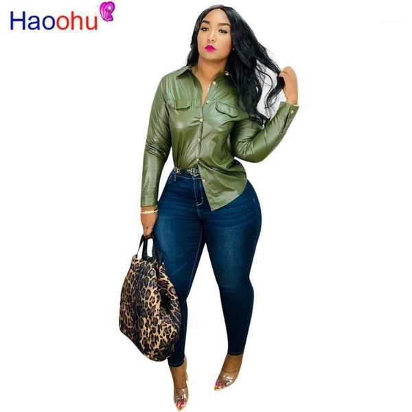 

haoohu pu leather shirts women clothes black long sleeve blusas vintage buttons blouse turn-down collar and blouses1, White