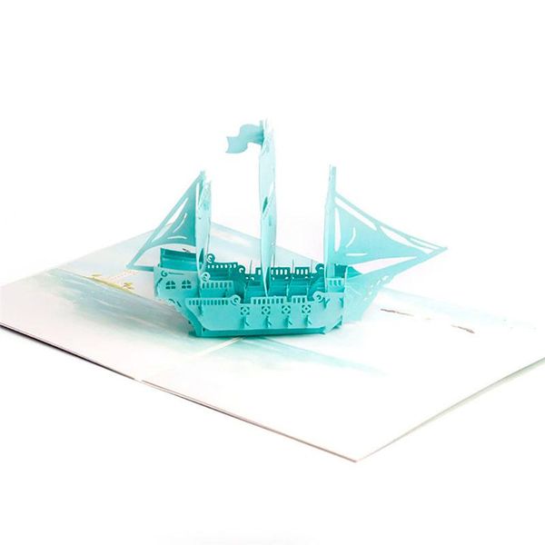 

3d laser cut handmade colorful cover sky blue boat sailing ship paper greeting cards postcard birthday bussiness creative gift