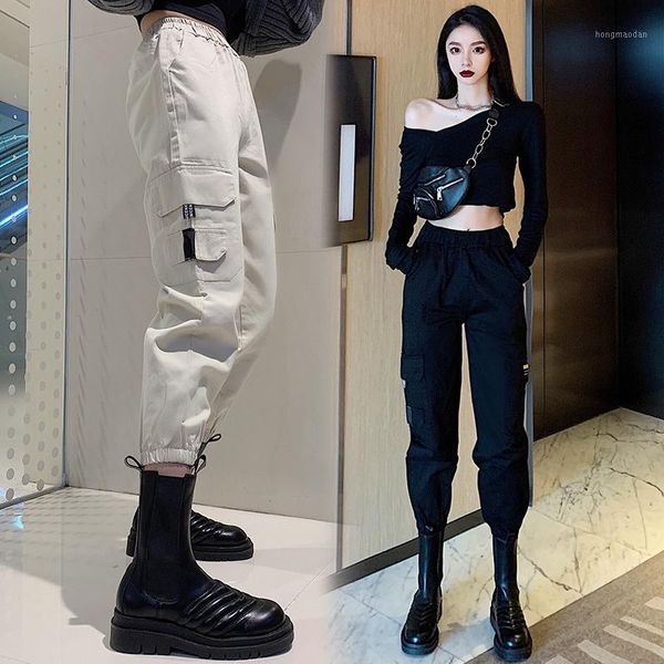 

spring women's high waist cargo pants winter fur sports pants harajuku hip hop elastics waist trousers1, Black;white
