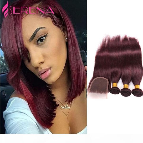 

colored 99j hair extensions 100% brazilian human hair weave 3pcs weave weft + 1pc part closure 4"x4" full head straight 4pcs, Black;brown