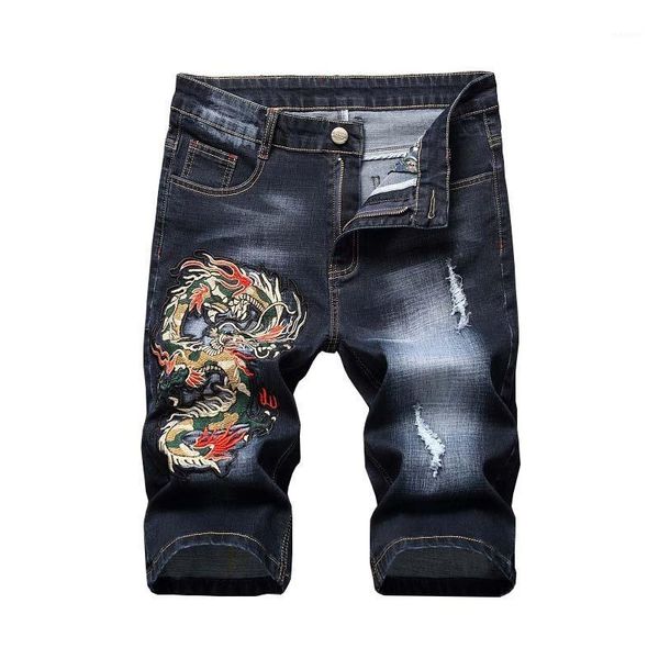 

kiovno summer men ripped denim shorts embroidery dsitressed short jeans for male black blue1, Blue