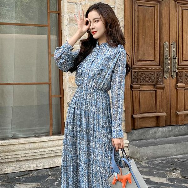 

women chiffon dress 2021 spring summer new fashion female long sleeve printed casual pleated dresses elegant a line vestidos, Black;gray