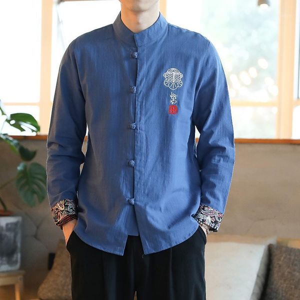 

2020 new chinese shirt man retro long sleeve traditional stand collar vintage linen autumn casual clothing1, White;black