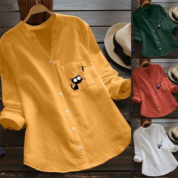 

women's new cotton hemp printing long sleeve large casual loose shirt women, White;black