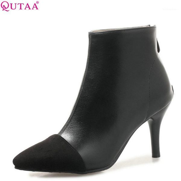 

qutaa 2020 pu leather fashion women shoes platform thin high heel women ankle boots zipper motorcycle boots big size 34-431, Black