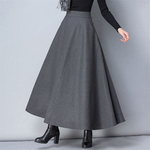 Winter Frauen Lange Woolen Rock Mode Hohe Taille Grundlegende Wolle Röcke Weibliche Casual Dicke Warme Elastische A-Line Maxi O839 W220314
