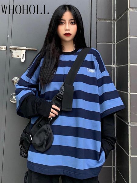 

whoholl 2020 осень поддельные двухсекционный женские футболки top harajuku черный синий полосатый сыпучие bf с длинным рукавом пары ins, White