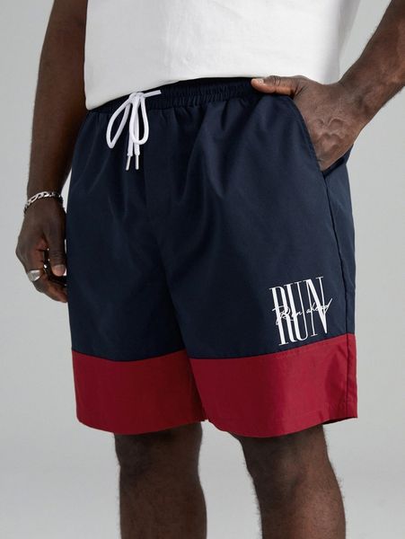 

extended sizes men drawstring waist letter pattern colorblock shorts 37wb#, Black