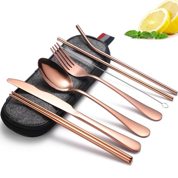

9pcs stainless travel camping cutlery set straight bent drinking straw with case cleaning brush set metal reusable bbyovc