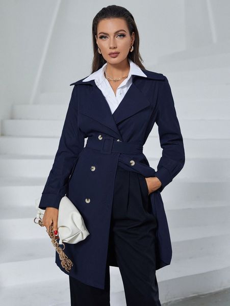 

lapel collar double breasted belted trench coat v5mr#, Tan;black