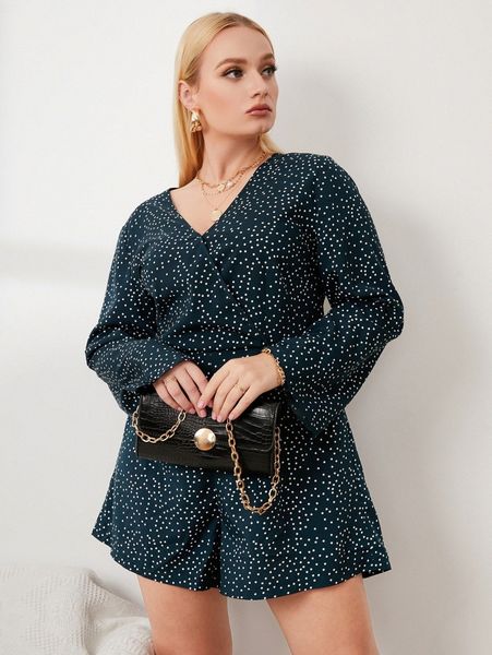 

plus polka dot print surplice neck romper i4jm#, Black