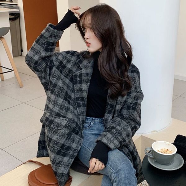 

korean version ins autumn and winter cotton casual versatile plaid wool women's middle long woolen coat, Black