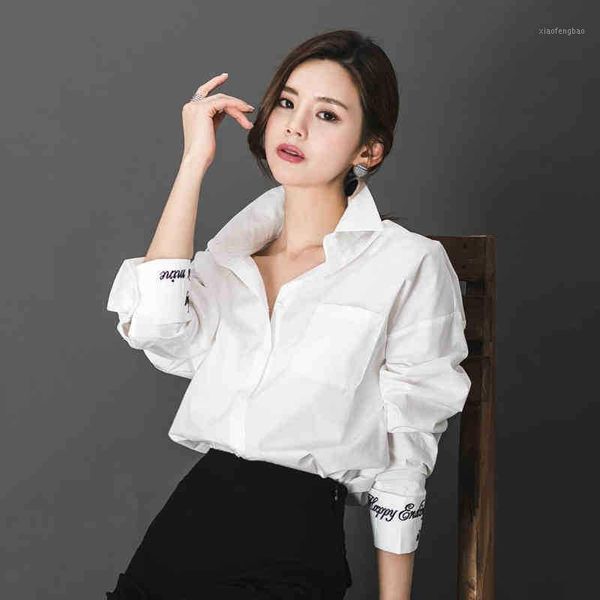 

korean elegant shirt blouse for women new long sleeve big size lazy shirt drop shoulder cuff letter embriodery white shirts1
