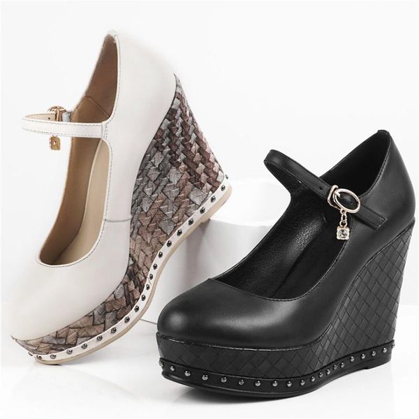 

2020 ladies mary janes women genuine leather platform wedges high heel pumps shoes female ankle strap round toe oxfords shoes, Black
