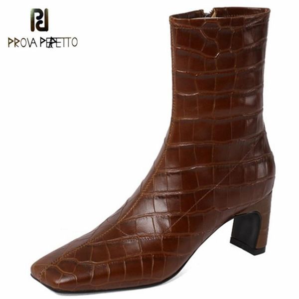 

prova perfetto retro square toe boots women concise solid color zipper-sid zapatillas mujer genuine leather fashion short boots, Black