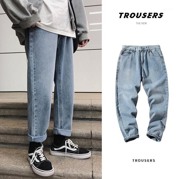 

men streetwear vintage jeans ankle-length pants 2019 mens japan solid denim pants male loose fashions jeans spring1, Blue