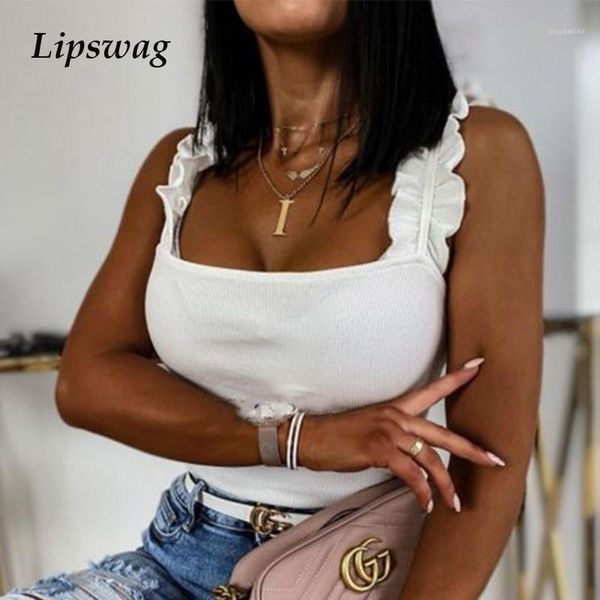 

2020 elegant women ruffles strap rib shirt sleeveless backless shirts blouse summer female square collar knitted blusa1, White