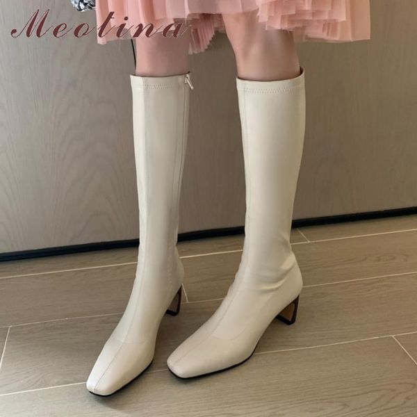 

boots meotina knee high women shoes square toe chunky heels lady zipper heel long autumn winter apricot 33-40, Black