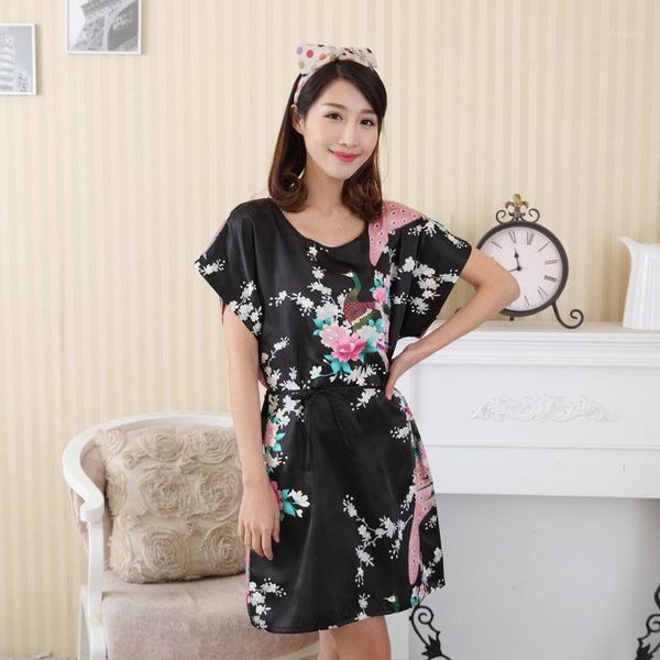 

fashion chinese style sleep dresses women round neck printed imitation anti-silk nightgowns sleepwear summer women nightdress1, Black;red