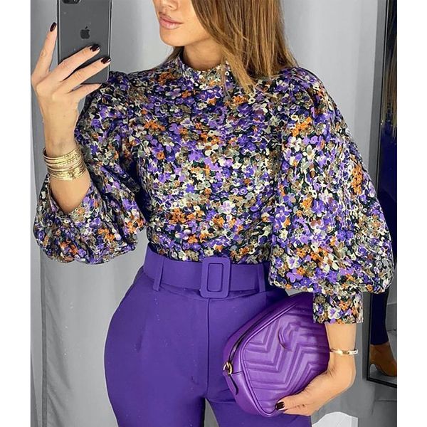 

2020 new fashion vintage women blouse floral lantern sleeve q1219, White