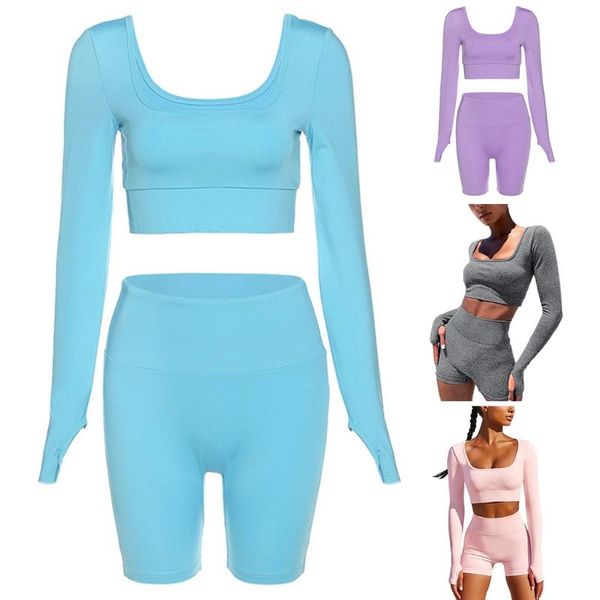 

women sportswear outfit square neck long sleeve crop biker shorts tracksuit, Gray