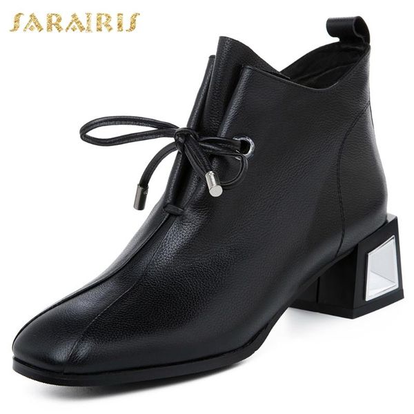 

sarairis new square heels genuine leather shoes woman natural cow skin fashion office ladies boots, Black