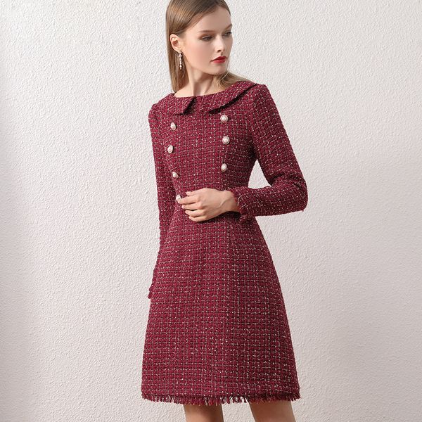 2021 novo vestido de tweed quente winte mulheres xadrez de lã ol vinho Vintage Vestidos A-Line Festa noite elegante senhoras vestidos y0118