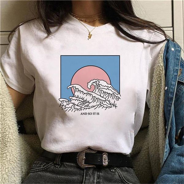 

great wave and sunrise printed women t shirt aesthetic tshirts short sleeve casual white tee female harajuku t-shirts woman