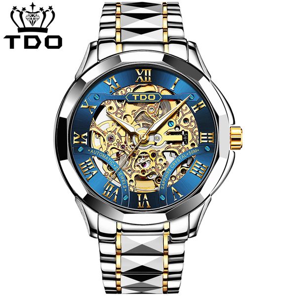 

tdo skeleton men's automatic mechanical watch 50 m depth waterproof sapphire mirror tungsten steel strap luxury watches, Slivery;brown