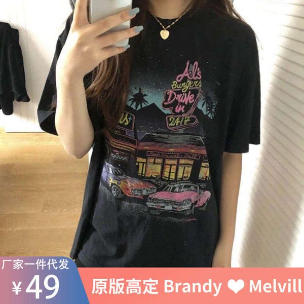 

printed bm style motel cotton loose short sleeve t-shirt, Black;gray