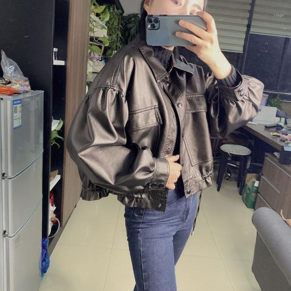 

autumn 2020 new lady fengao sheepskin bubble sleeve lady leather jacket with loose wood ear and leather jacket1, Black