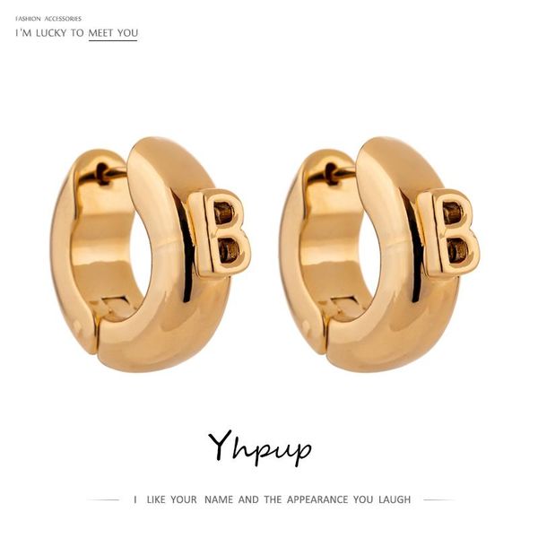 

yhpup fashion letter small b chunky hoop earrings for women simple metal 14 k copper trendy earrings boucle d'oreille femme, Golden;silver
